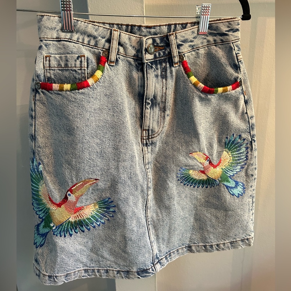 Farm Rio embroidered denim skirt
